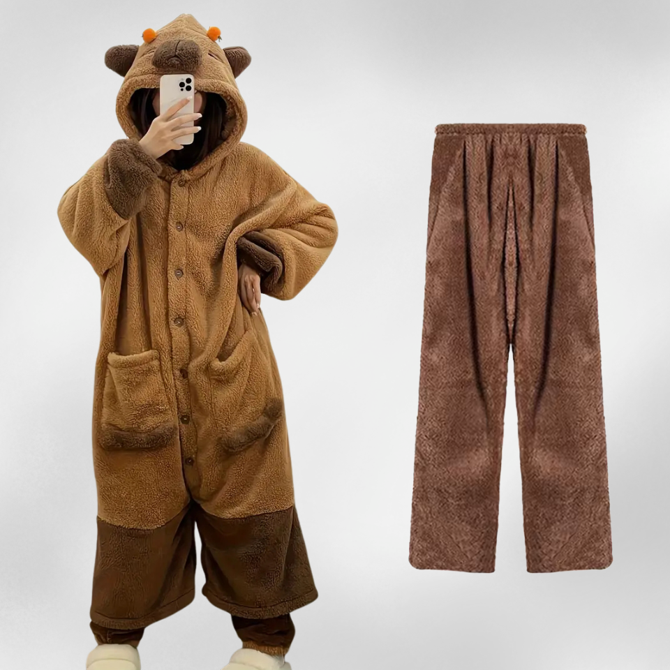 Capybara Pajama Set – Warm 2-Piece Winter Sleepwear for Adults