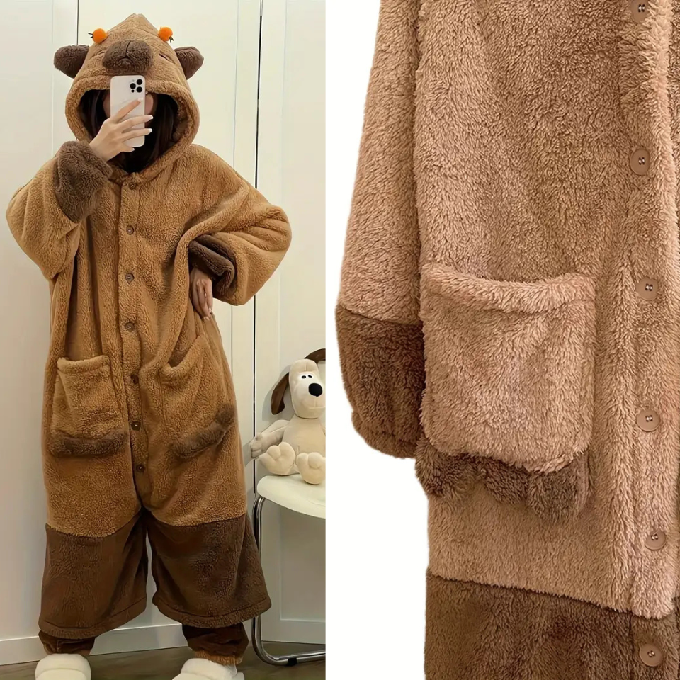 Capybara Pajama Set – Warm 2-Piece Winter Sleepwear for Adults