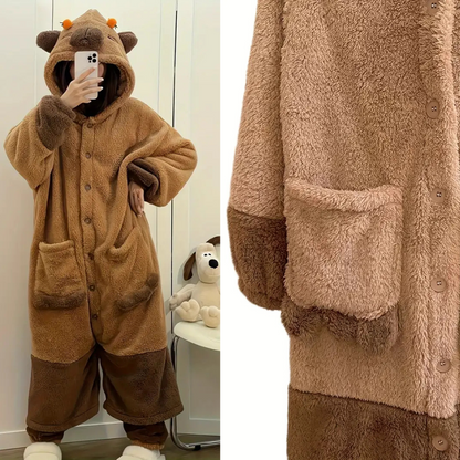 Capybara Pajama Set – Warm 2-Piece Winter Sleepwear for Adults