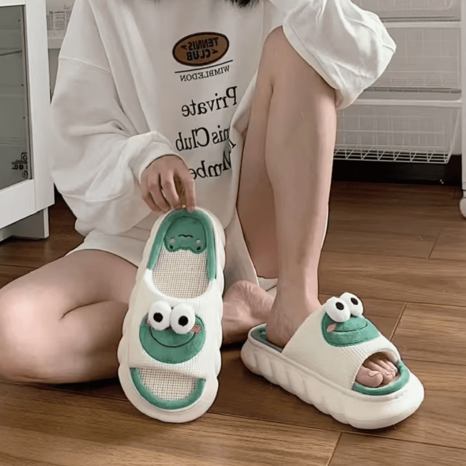 Cute Frog Slippers – Open-Toe Comfy Plush House Shoes