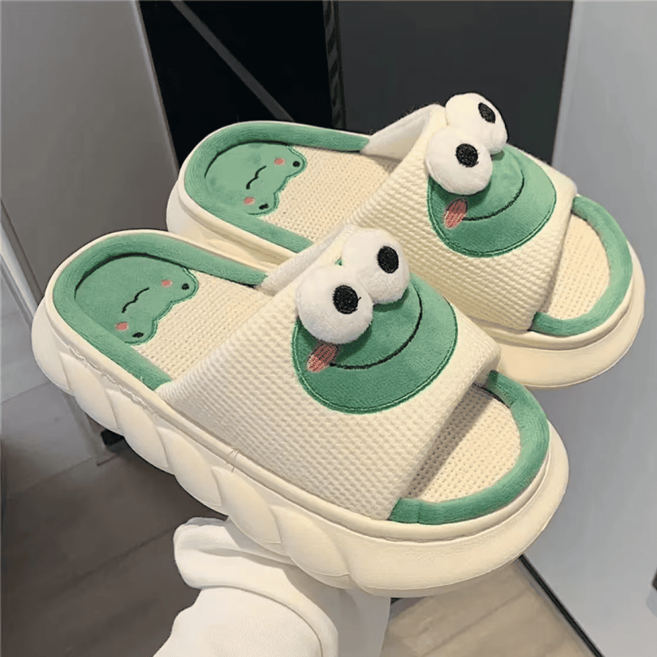 Cute Frog Slippers – Open-Toe Comfy Plush House Shoes